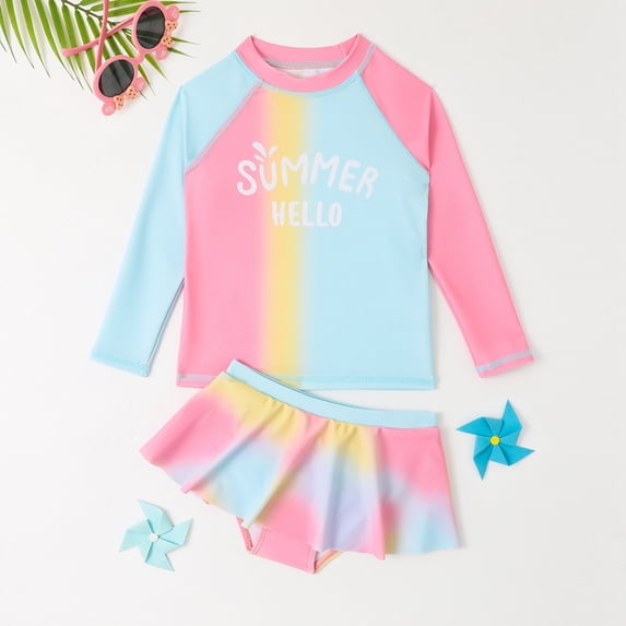 Uccdo 4-9T Girls Rash Guards Swimsuits, Little Girls Two-Piece Long Sleeve UPF50+ Bathing Suit, Size 4-9 Years