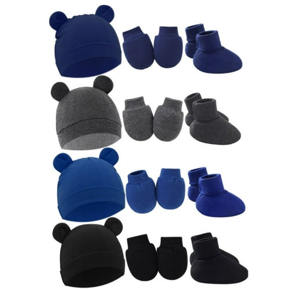 Uccdo 4 Pack Baby Beanies Caps with Mittens & Foot Covers Set Cute Newborn Baby Girls Boys Hospital Hats Cotton Soft Baby Hat 0-6 Months