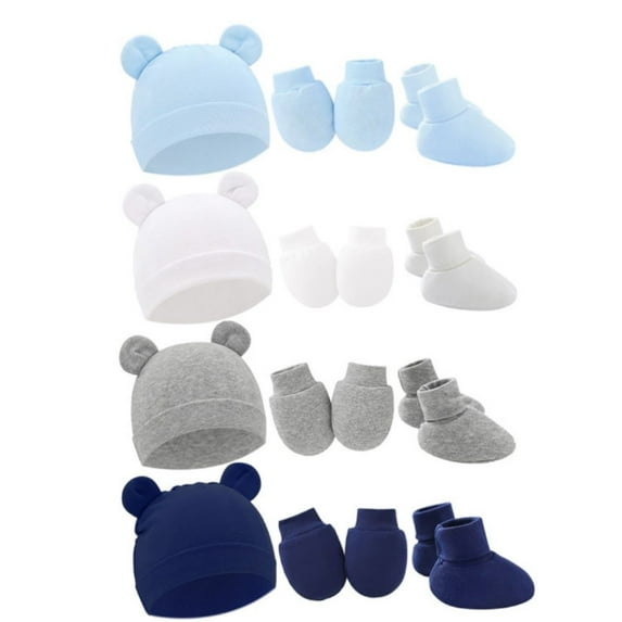 Uccdo 4 Pack Baby Beanies Caps with Mittens & Foot Covers Set Cute Newborn Baby Girls Boys Hospital Hats Cotton Soft Baby Hat 0-6 Months
