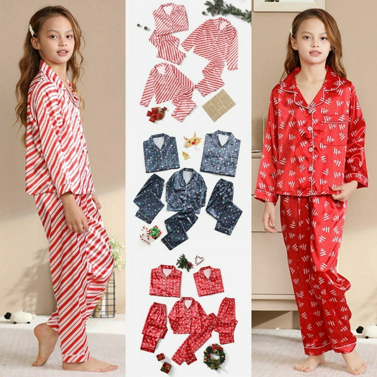 Uccdo 6 13T Boys Girls Brother and Sister Pajamas Set Christmas Family Matching Pajamas Silk Satin Button Down Sleepwear Long Sleeve Nightwear 2Pcs Pj Set Walmart