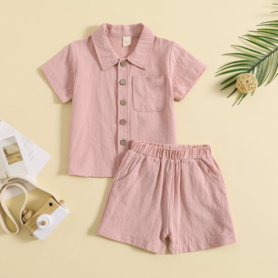 Uccdo 6M-4T Toddler Baby Boys Girls Summer Outfits with Pockets Button-Down Shirt Tops + Shorts Set