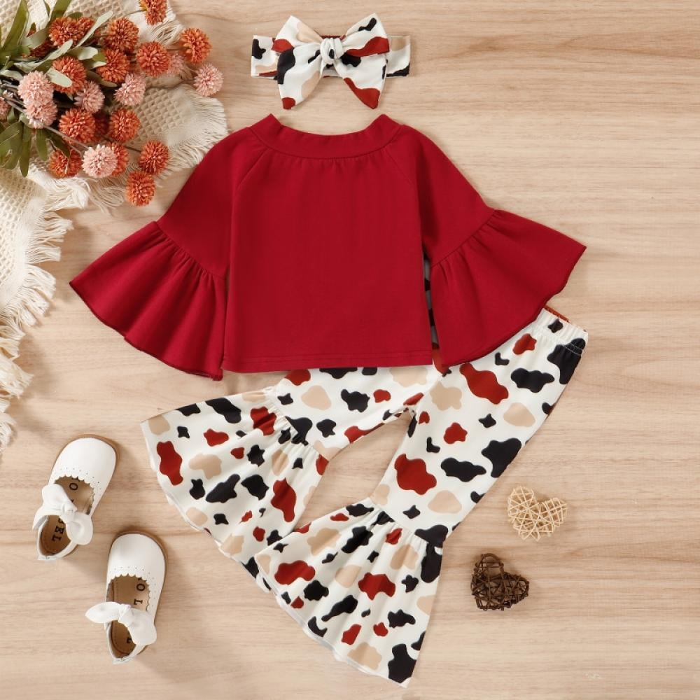 Toddler Girl Valentine's Day Outfit Set - Heart Print T-Shirt & Bell Bottom Pants 3-Piece Collection
