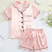 Uccdo 7-12T Little Girls Satin Silk Pajama Set, 2Pcs Big Girl Summer Heart Printed Button-up Tops+Shorts Sleepwear Nightwear Gift For Kids