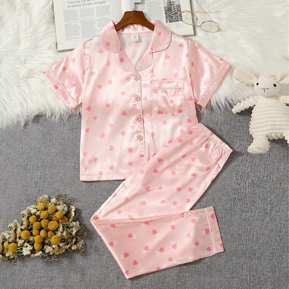 Uccdo 7-12T Little Girls Satin Silk Pajama Set, 2Pcs Big Girl Summer Printed Button-up Tops+Sleep Pant Sleepwear Nightwear Gift For Kids