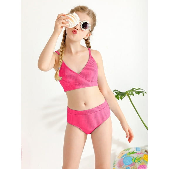 Uccdo 7-16T Girls Summer Swimsuits, Teenager Big Girls Solid Bikinis Bathing Suit, 2 Pieces, Size 7-16 Years