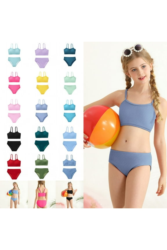 7-16T Girls Summer Swimsuits, Teenager Big Girls Solid Bikinis Bathing Suit, 2 Pieces, Size 8-13 Years