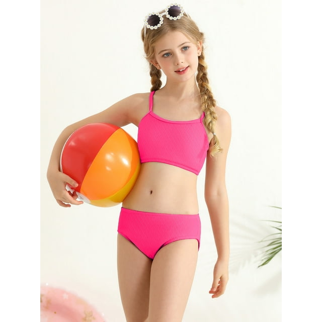 Uccdo 7-16T Girls Summer Swimsuits, Teenager Big Girls Solid Bikinis Bathing Suit, 2 Pieces, Size 8-13 Years