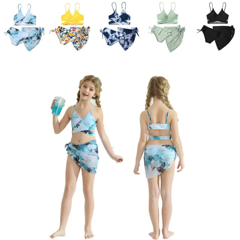 Uccdo 8-12T Girls Swimsuits, Big Girls Solid Bikinis Bathing Suit, Little  Girls Floral Tie Dye Bikini Swimsuit + Cover Up Skirts, 3 Pieces, Size 8-12