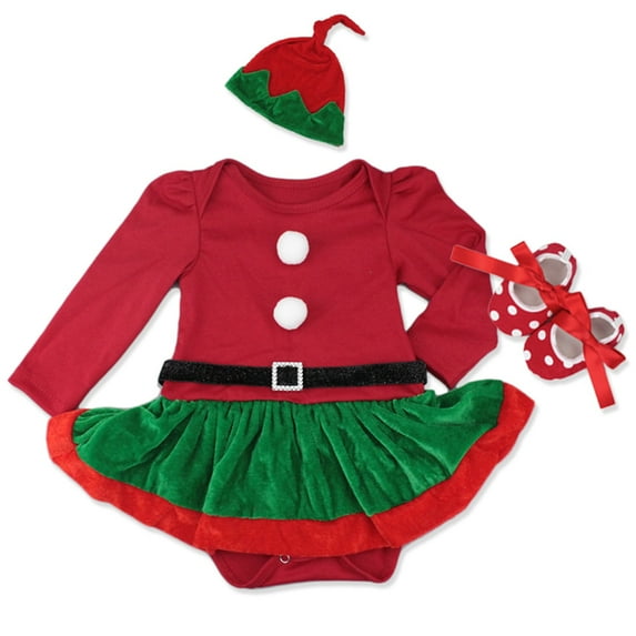 Uccdo Baby Girls Christmas Outfits Long Sleeve Red Dress Bodysuit + Santa Hat + Baby Shoes 3Pcs Xmas Clothes 3-24 Months