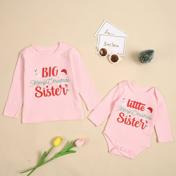 Uccdo Big Sister Little Sister Matching Christmas Outfits Toddler Girls Cotton T-shirt Tops Newborn Baby Romper 1Pcs