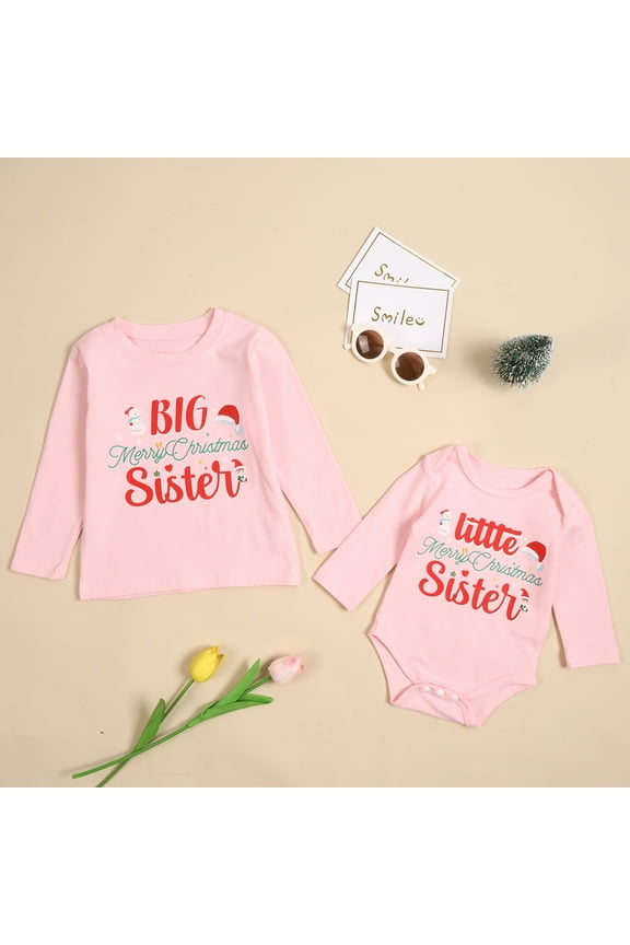 Big Sister Little Sister Matching Christmas Outfits Toddler Girls Cotton T-shirt Tops Newborn Baby Romper 1Pcs