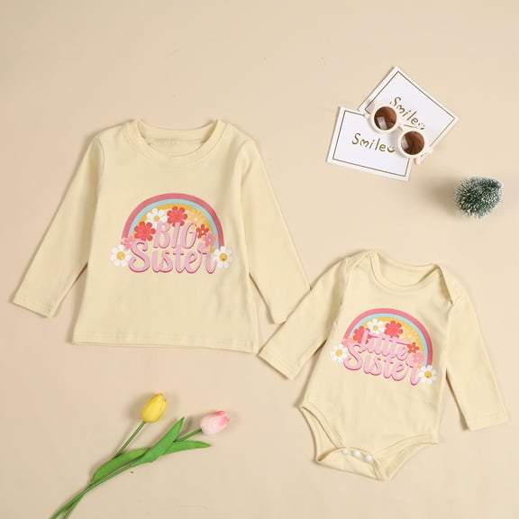 Uccdo Big Sister Little Sister Matching Outfits Toddler Girls Cotton T-shirt Tops Newborn Baby Romper 1Pcs