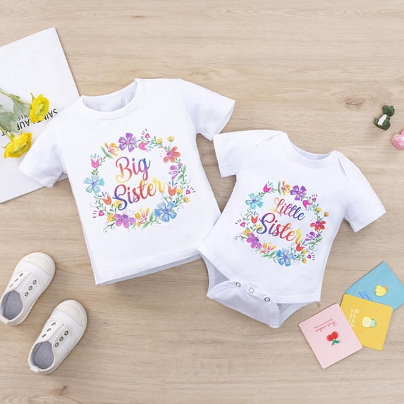 Uccdo Big Sister Little Sister Matching Outfits Toddler Girls Cotton T-shirt Tops Newborn Baby Romper 1Pcs