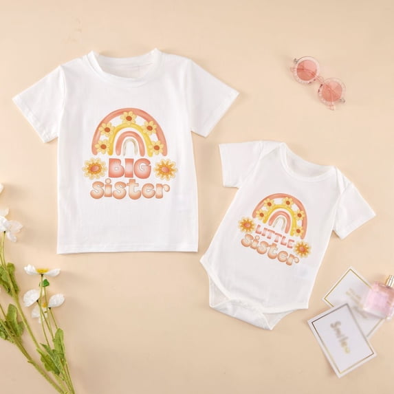 Uccdo Big Sister Little Sister Matching Outfits Toddler Girls Cotton T-shirt Tops Newborn Baby Romper 1Pcs