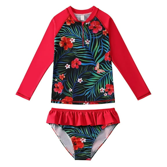Uccdo Children's Two-Piece Swimsuit Bathing Suit Kids Girls Rash Guard Long Sleeve Swimwear 2-10Y