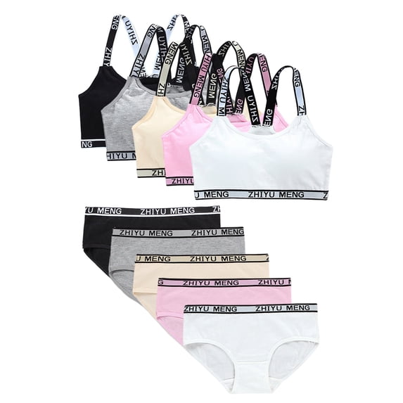 Uccdo Girls Matching Underwear Sets Training Bra Panties Wireless Crop Cami Sports Bra Hipster Set, 5-Pack, 8-16T