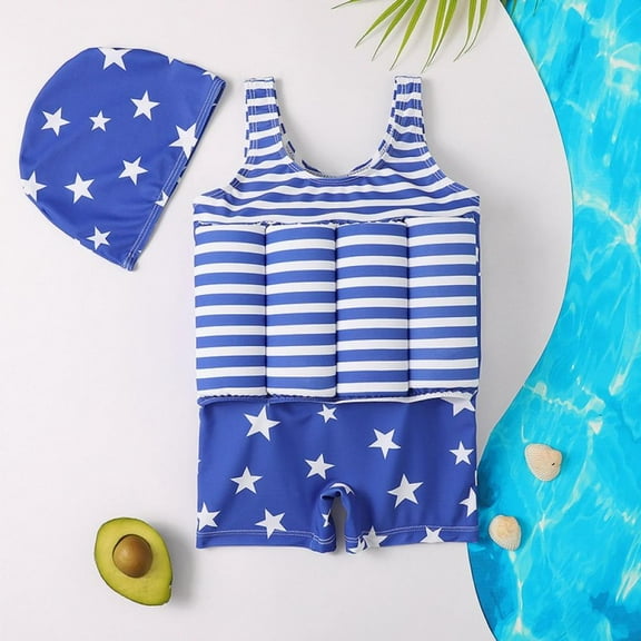 Uccdo Little Boys Girls One Piece Rashguard Float Suit With Swim Cap, Kids Floral Cartoon Zip up Buoyancy Swimsuit + Hat, 2 Pieces, 2-6 Years