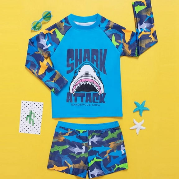 Uccdo Little Boys Rashguard Swimsuit Kids Surf Bathing Suit Long Sleeve Shirts Trunks Two Pieces Swimwear Set