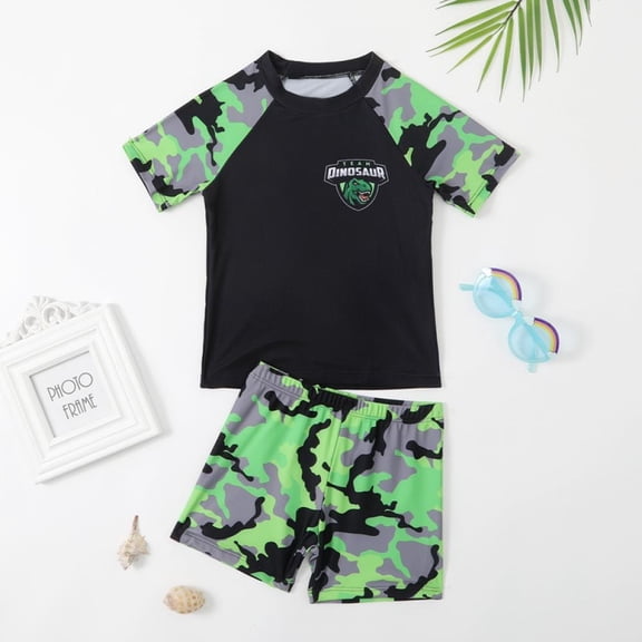 Uccdo Little Boys Swimsuit Kids Surfing Bathing Suit Short Sleeve Swim Shirts Trunks Swimwear, Two Pieces, 12M-5T