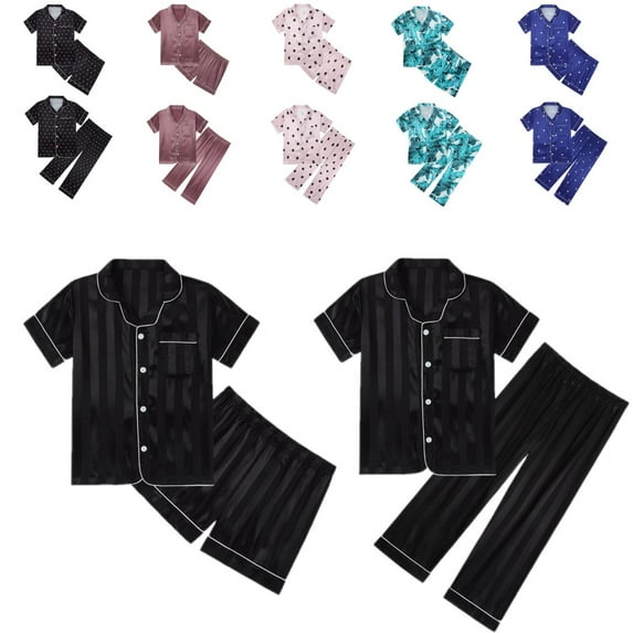 Uccdo Little Girls Boys Button Down Pajama Sets Teenagers Kids Satin Silk Short Sleeve Shirts + Shorts Sleepwear 5-14Y