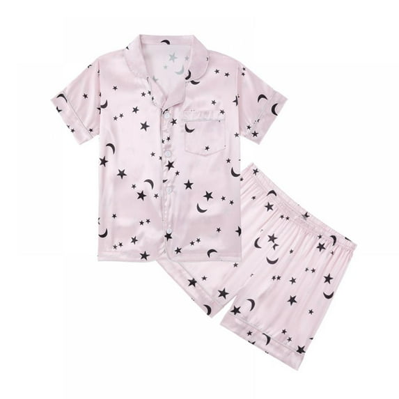 Uccdo Little Girls Boys Button Down Pajama Sets Teenagers Kids Satin Silk Short Sleeve Shirts + Shorts Sleepwear 5-14Y