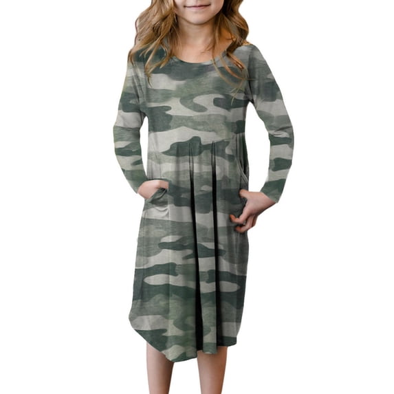 Uccdo Little Girls Casual Dresses with Pockets, Big Girls Long Sleeve Floral Tunic Dress, Teenager Girls Round Neck Loose Beach Sundress, Flower Girl Swing Midi T-Shirt Dress, Size 4-13 Years