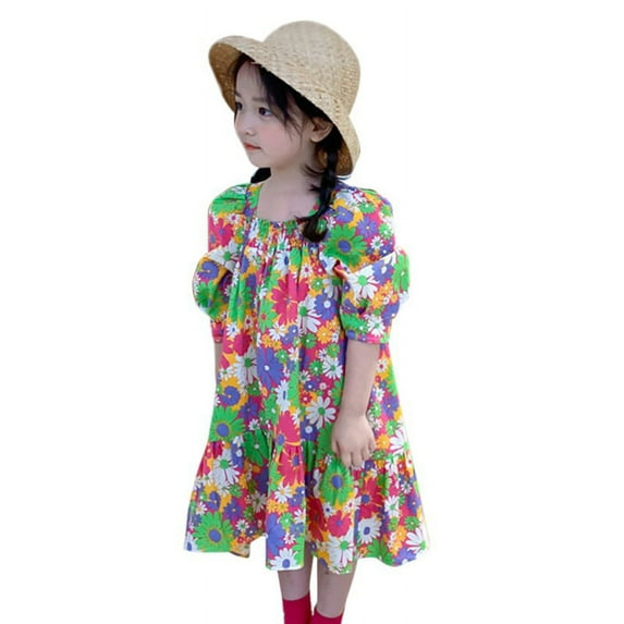 Uccdo Little Girls Casual Floral Dresses Children Puff Sleeve Square Neck Beach Dress Sundress 3-8T