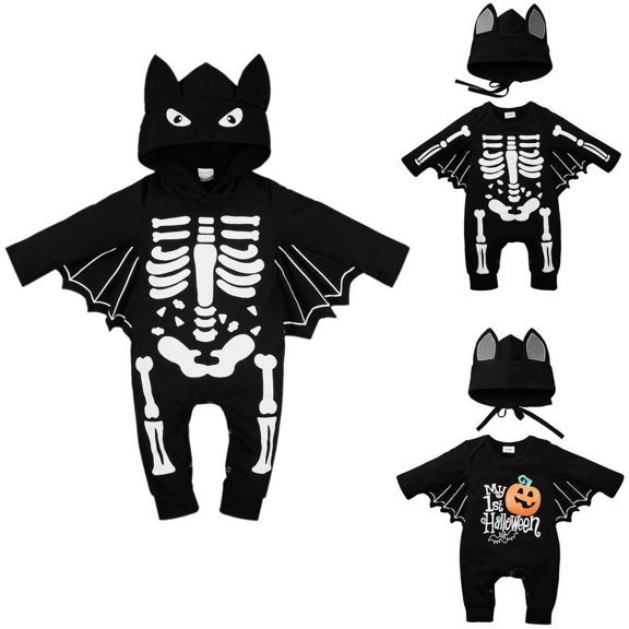 Uccdo My First Halloween Outfits Newborn Baby Boy Girl Bat Skeleton Print Bodysuit Infants Hoodie Romper Jumpsuit