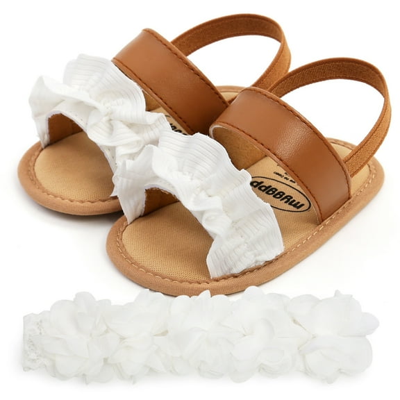 Uccdo Summer Baby Girls Sandals Newborn PU Leather Casual Ruffled Flats Walking Shoes Headband 0-18M