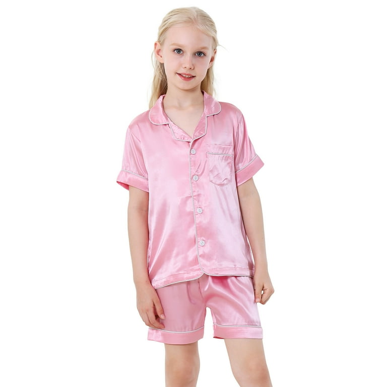 4 6 8 10 12 14 Years Children Satin Pajamas Sets Kids Sleepwear Pyjamas  Solid Color