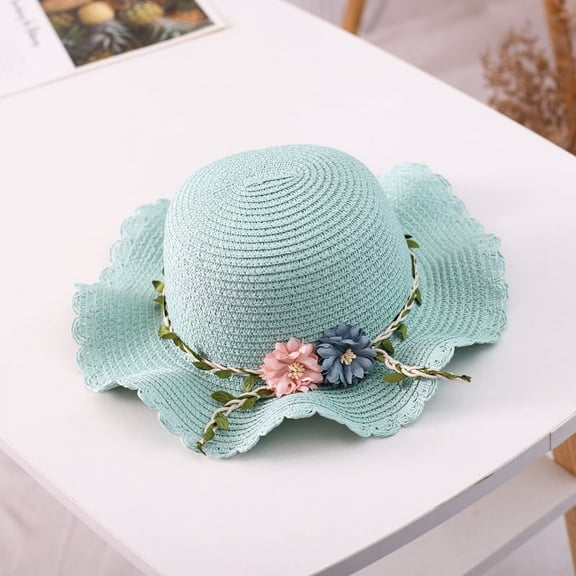 Uccdo Summer Girls Boho Flower Straw Beach Hat Kids Sun Protection Wide Brim Sun Hats, 2-6 Years