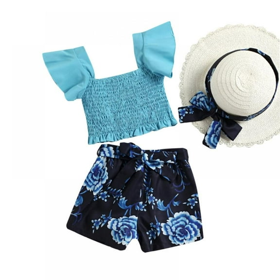 Uccdo Summer Girls Elastic Solid Color Fly Sleeve Tops Floral Print Shorts Clothing Set Fashion Casual Outfits With Sun Hat 3pcs,1-6Y