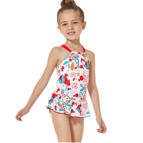 Uccdo Summer Girls One-Piece Swimsuits 4-14T, Little Girls Strap Bathing Suit, Big Girls Ruffled Skirt Bikini Swimwear, Size 4-14 Years