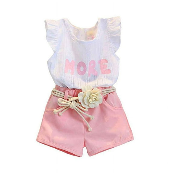 Uccdo Summer Toddler Girls Summer Outfits Kids Flare Sleeve Letter Print T-shirt Tops+Shorts With Belt 1-6T
