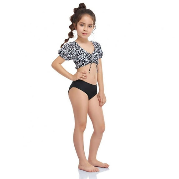 Uccdo Teen Girl Short Sleeve Ruched Crop Top And Bikini Bottoms, 2-pcs, 6-8T, Black