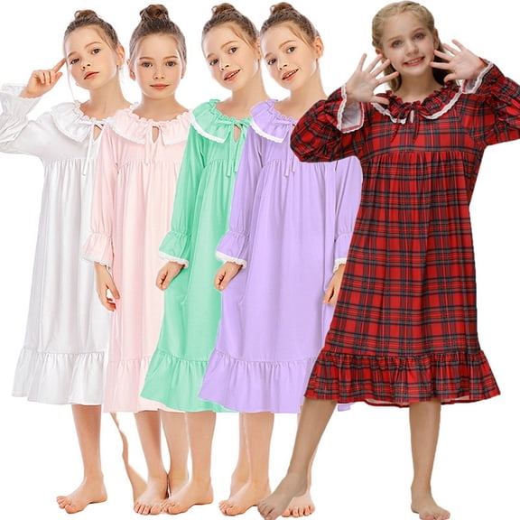Uccdo Teens Big Girls Cotton Nightgown Long Sleeve Pajamas Sleepshirts Dress Sleepwear Loose Fit 5-14 Years