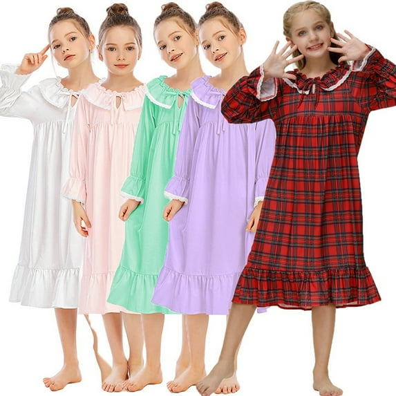 Uccdo Teens Big Girls Cotton Nightgown Long Sleeve Pajamas Sleepshirts Dress Sleepwear Loose Fit 5-14 Years