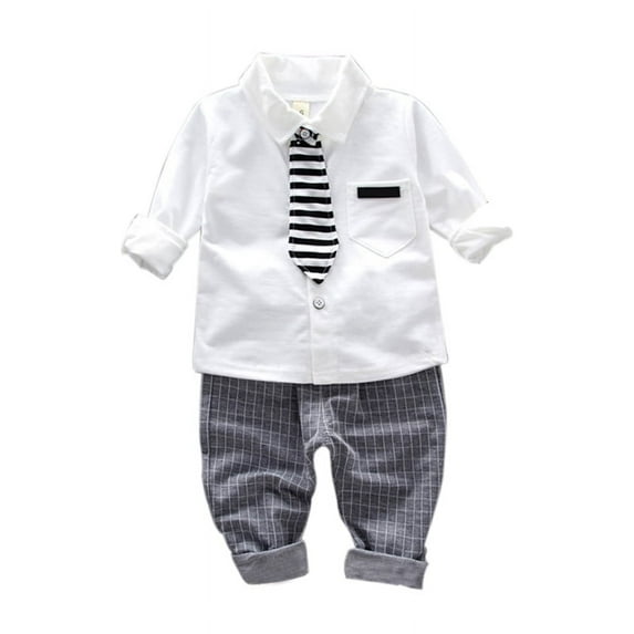 Uccdo Toddler Baby Boys Casual Outfits Kids Long Sleeve Solid Shirt Tops+Plaid Pants 6M-4T