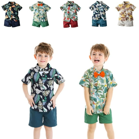 Uccdo Toddler Baby Boys Shorts Sets Hawaiian Outfit, Infant Kids Leave Floral Short Sleeve Shirt Top+Shorts Suits, Size 6M-5T
