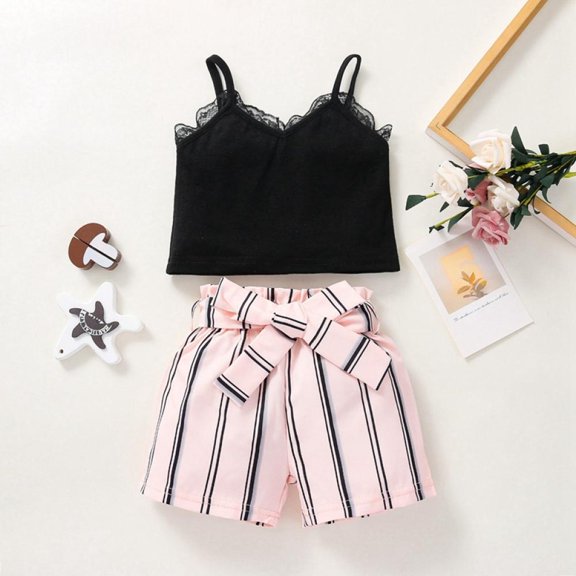 Uccdo Toddler Baby Girls Summer Clothes Shorts Set, Infants Sleeveless Tee T Shirt Crop Tops Striped Short Pant, Kids 2 Pieces Outfits, Size 6M-3T