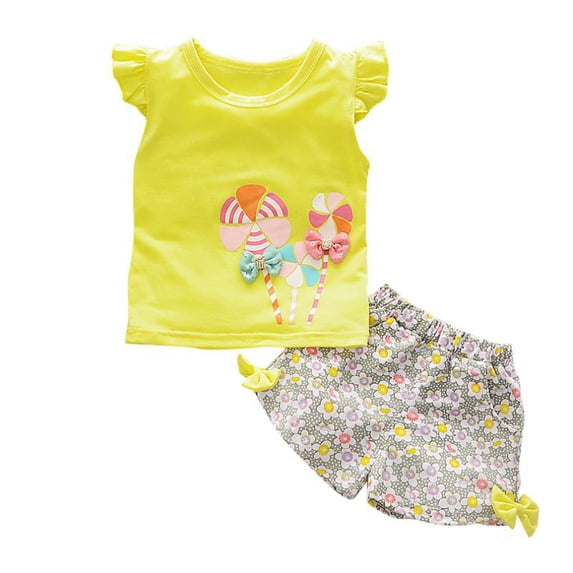 Uccdo Toddler Baby Girls Summer Outfit Kids Sleeveless Bowknot T-shirt Top Floral Shorts Set 6M-3T