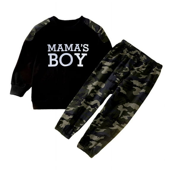 Uccdo Toddler Boys Autumn Casual Outfits Set Kids Letter Print Long Sleeve Blouse Top + Camo Pants, 2-7T