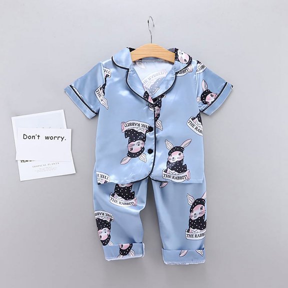 Uccdo Toddler Boys Girls Pajamas Sets, Kids Satin Silk Cartoon Sleepwear Suit Blouse Sleep Pants Pajama Loungewear, 6M-6T