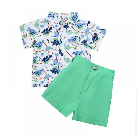 Uccdo Toddler Boys Shorts Sets Casual Summer Outfits 12M-5T Kids Cartoon Print Button Down Shirt & Solid Shorts Suits