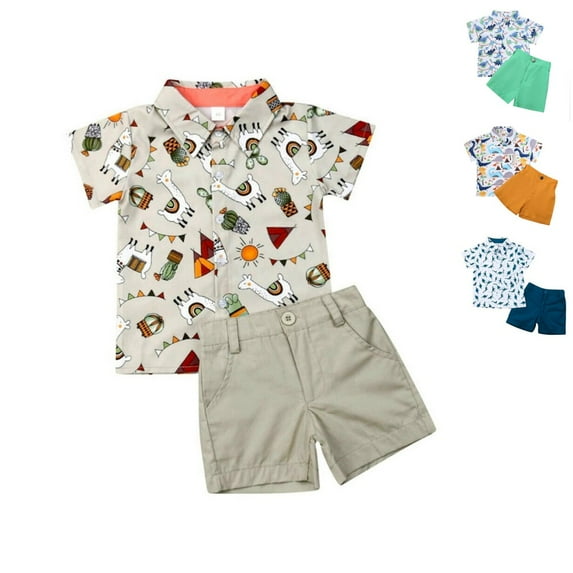 Uccdo Toddler Boys Shorts Sets Casual Summer Outfits 12M-5T Kids Cartoon Print Button Down Shirt & Solid Shorts Suits