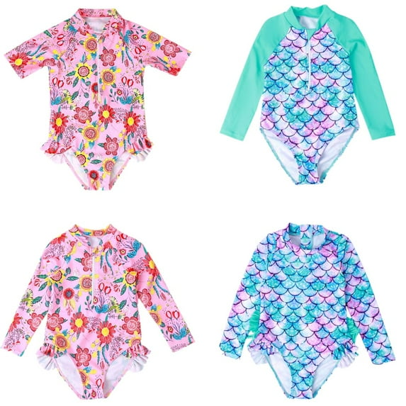 Uccdo Toddler Girls Long Sleeve Rashguard One-Piece Swimsuit Kids Zipper Bathing Suit Swimwear 2-7T