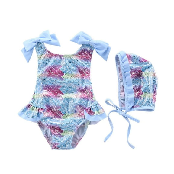 Uccdo Toddler Girls One-Piece Swimsuit Beach Bathing Suit Baby Girl Ruffles Swimwear with Swim Cap 2-9T