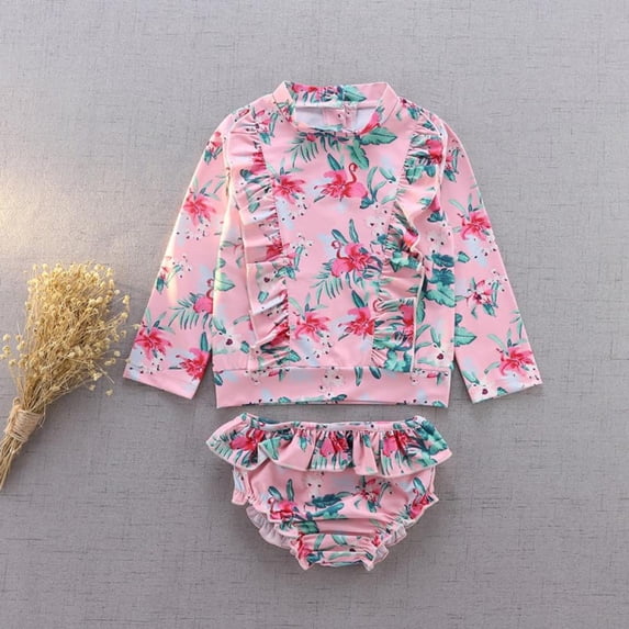 Uccdo Toddler Girls Rashguard Swimsuit Set, Little Girl Long Sleeve Floral Bathing Suits Swimwear, 2 Pieces, 1-9T