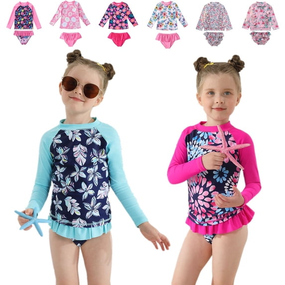 Uccdo Toddler Girls Rashguard Swimsuit Set, Little Girl Long Sleeve Floral Bathing Suits Swimwear, 2 Pieces, 1-9T