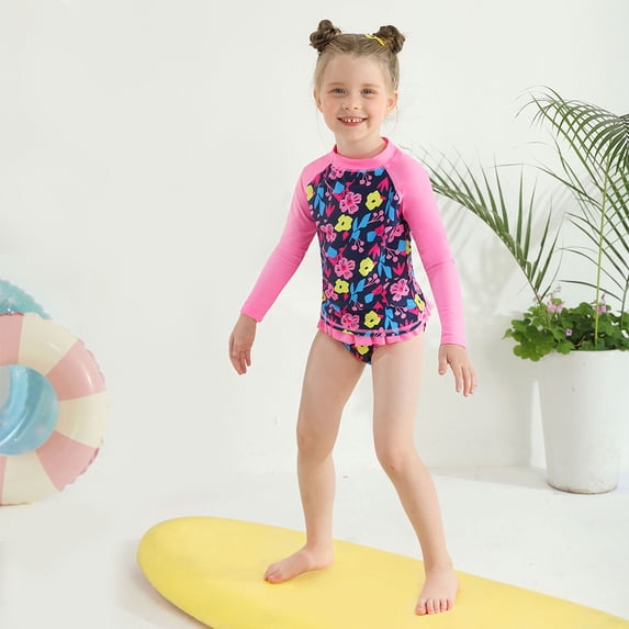 Uccdo Toddler Girls Rashguard Swimsuit Set, Little Girl Long Sleeve Floral Bathing Suits Swimwear, 2 Pieces, 1-9T